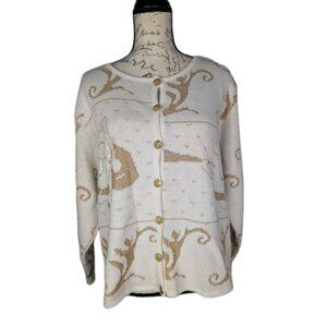 Vtg Hanes Sig Cardigan Sweater Medium Nutcracker Fairy cherub Gold Ivory Grandma